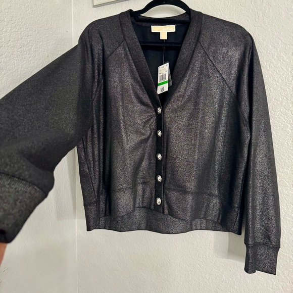 Michael by Michael Kors Metallic Grey Shimmery Button Up Sweater - Picture 4 of 9